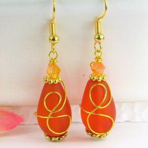 Orange Sea Glass Gold Swirl Dangle Earrings